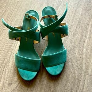Salvatore Ferragamo teal wedge sandals heels